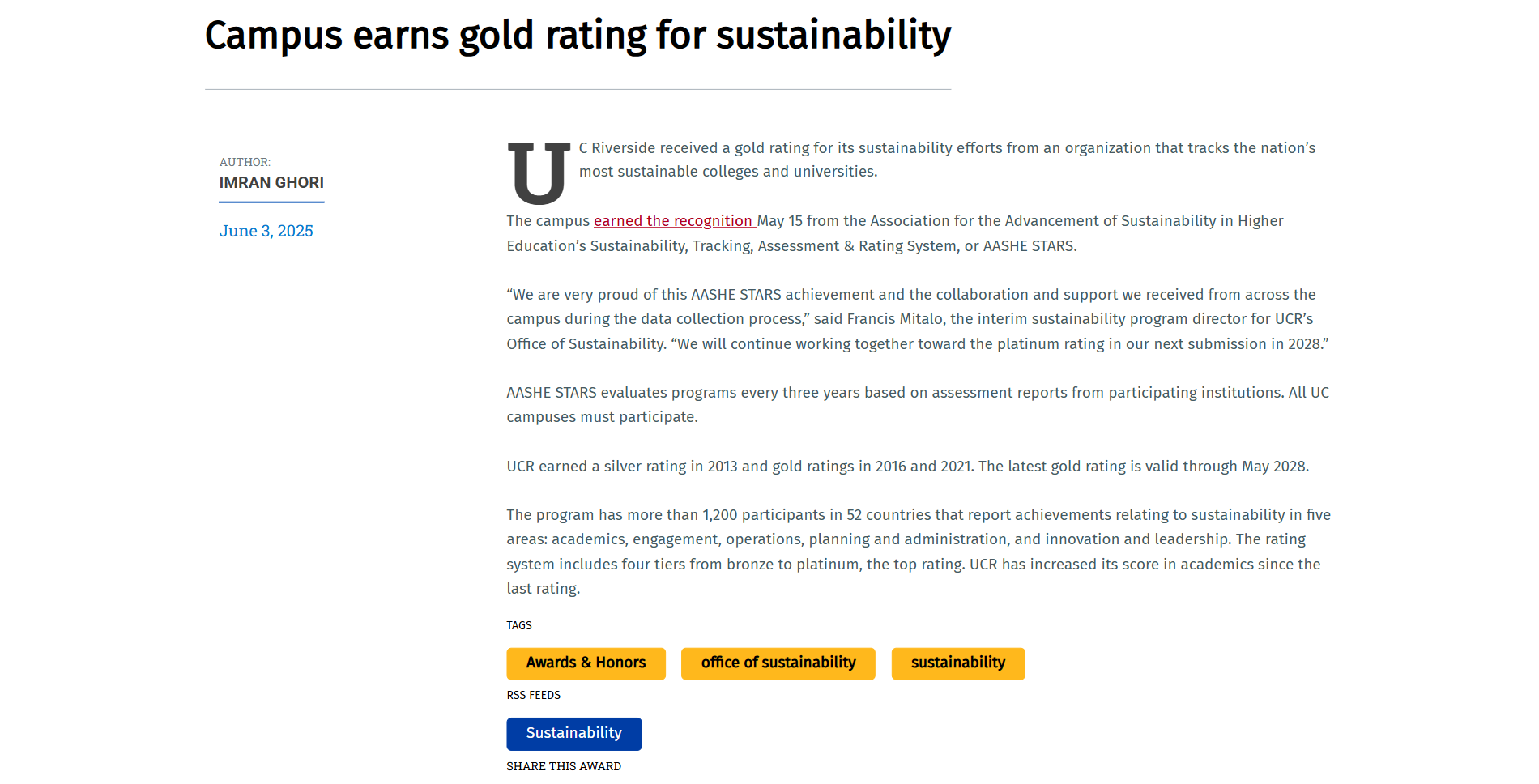 Inside UCR article preview: Campus earns gold rating for sustainability