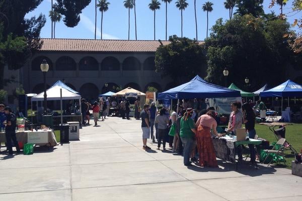 Photo showcasing canopies and people in expo