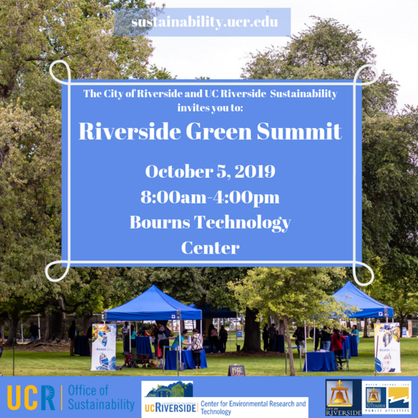 Riverside Green Summit flyer showing canopies, people conversing and smoothie bike