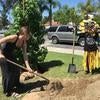 Woman digging and person in costume